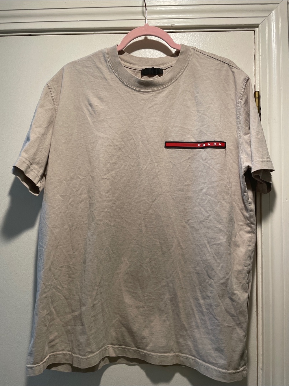 Prada Light Beige Short-Sleeve Crewneck T-Shirt with Red & Black Logo Stripe